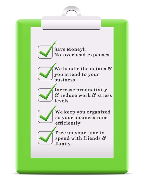Benefits of Using Smart Secretarial Administrative and Business Support Services for Bergen County New Jersey Businesses - save money; no overhead expenses. Increase productivity, reduce work and stress levels. We keep you organized so your business runs efficiently.